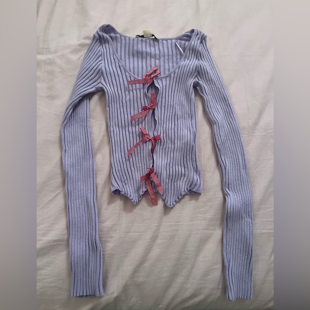 Kimchi Blue Lilac Ribbed Top with Red Gingham Bow Details